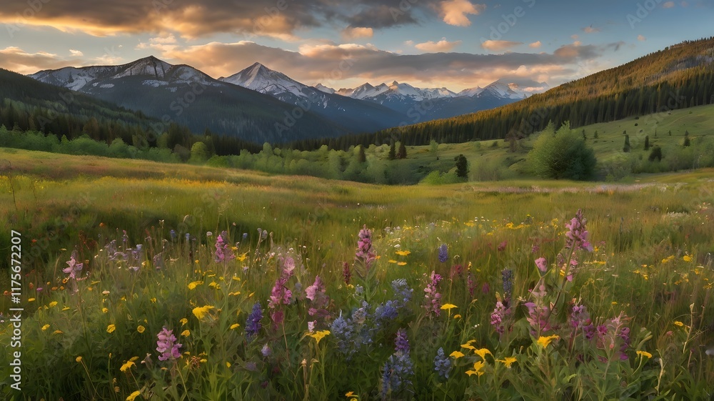 Fototapeta premium Wildflower Meadow Sunset Mountain Landscape