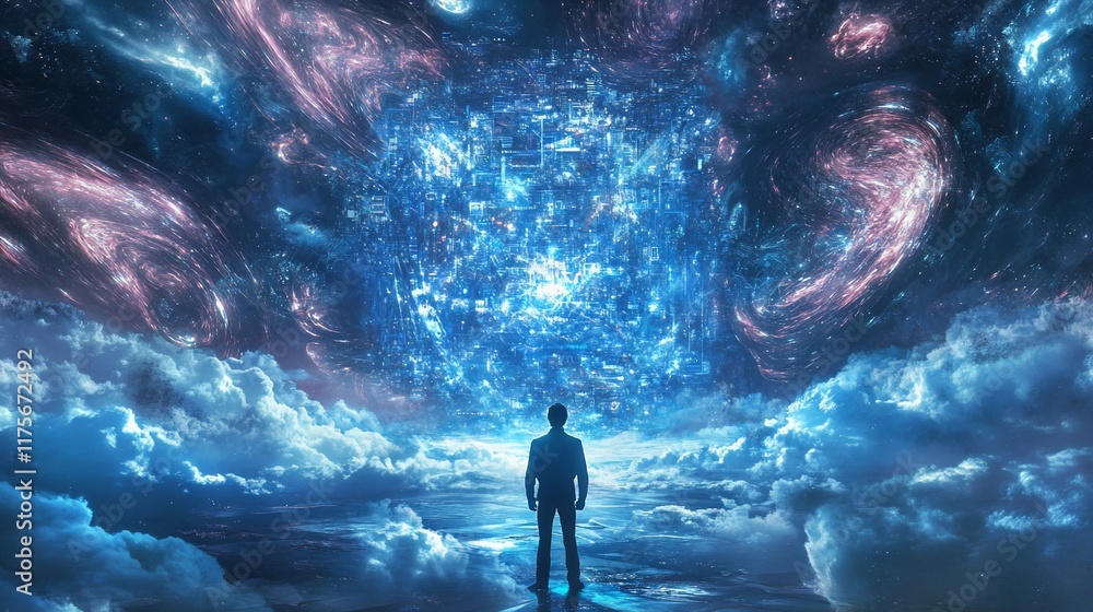 A figure stands before a cosmic scene filled with swirling galaxies and luminous energy. A figure stands before a cosmic scene filled with swirling galaxies and luminous energy.