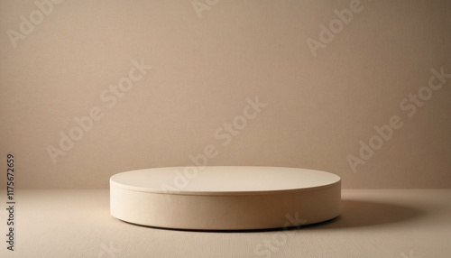 Small single slim cream beige circular podium with soft lighting on a cozy wool texture background