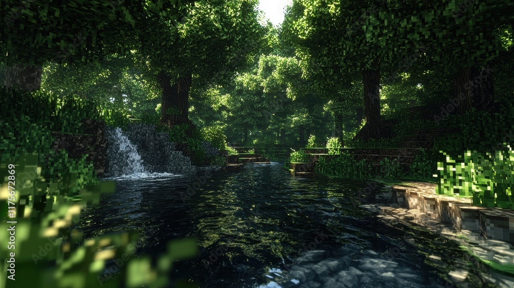 Obraz premium Exploring vibrant rainforest trekking adventure lush riverbank hyperrealistic nature scene peaceful environment