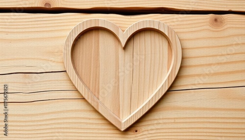 Wooden heart shape on light-colored wood background.  Possible use for cards, crafts, d?cor