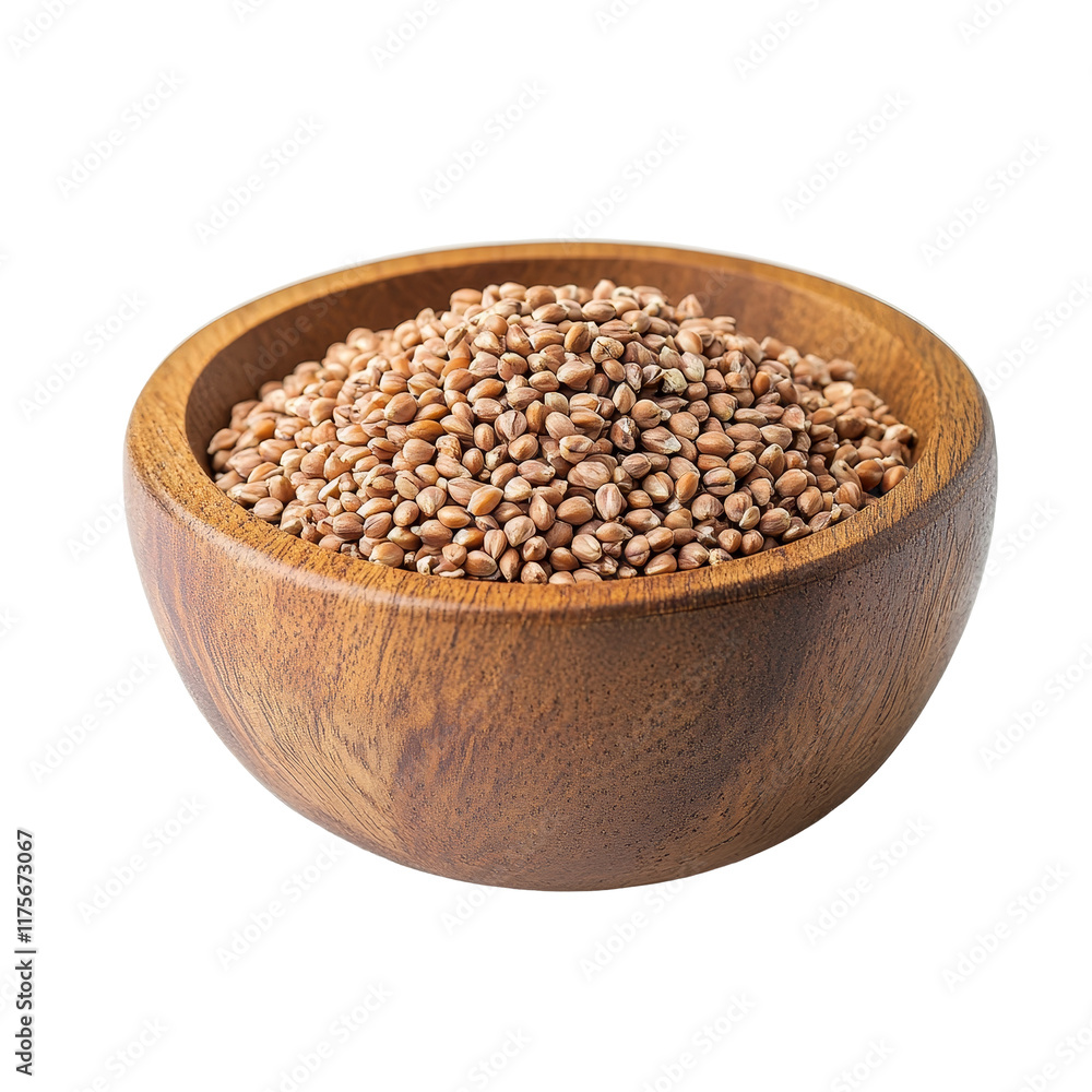 Buckwheat grains in a wooden bowl on a transparent background with lighting effect, Buckwheat in wood bowl isolated on transparent background Buckwheat grains in a wooden bowl on a transparent background with lighting effect, Buckwheat in wood bowl isolated on transparent background