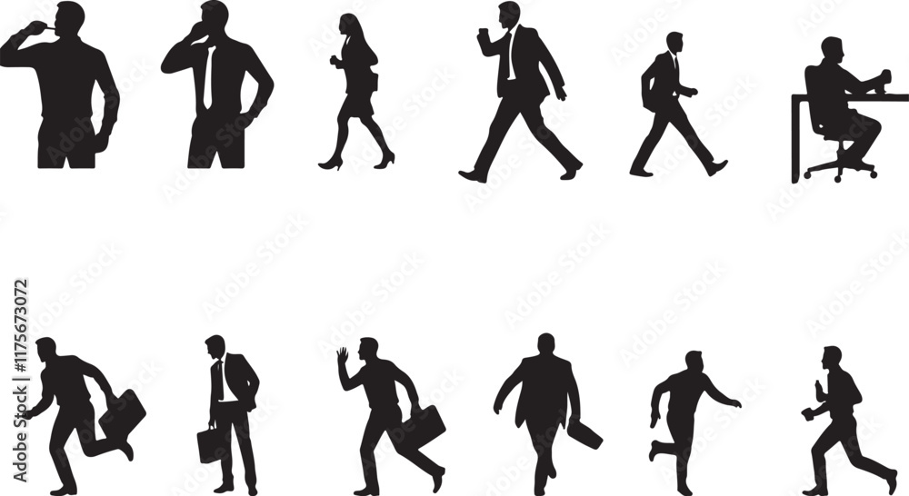 Daily Hustle of Young Office Employees in Action Silhouettes Daily Hustle of Young Office Employees in Action Silhouettes