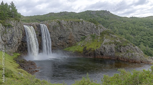 A scenic waterfall cascading into a tranquil pool, surrounded by lush greenery and hills.