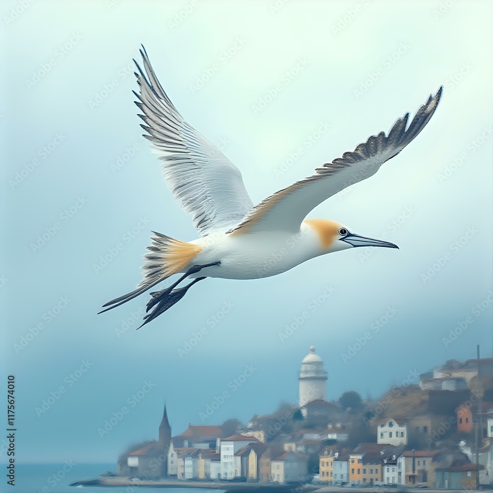 Fototapeta premium A seagull in flight with a coastal town in the background.