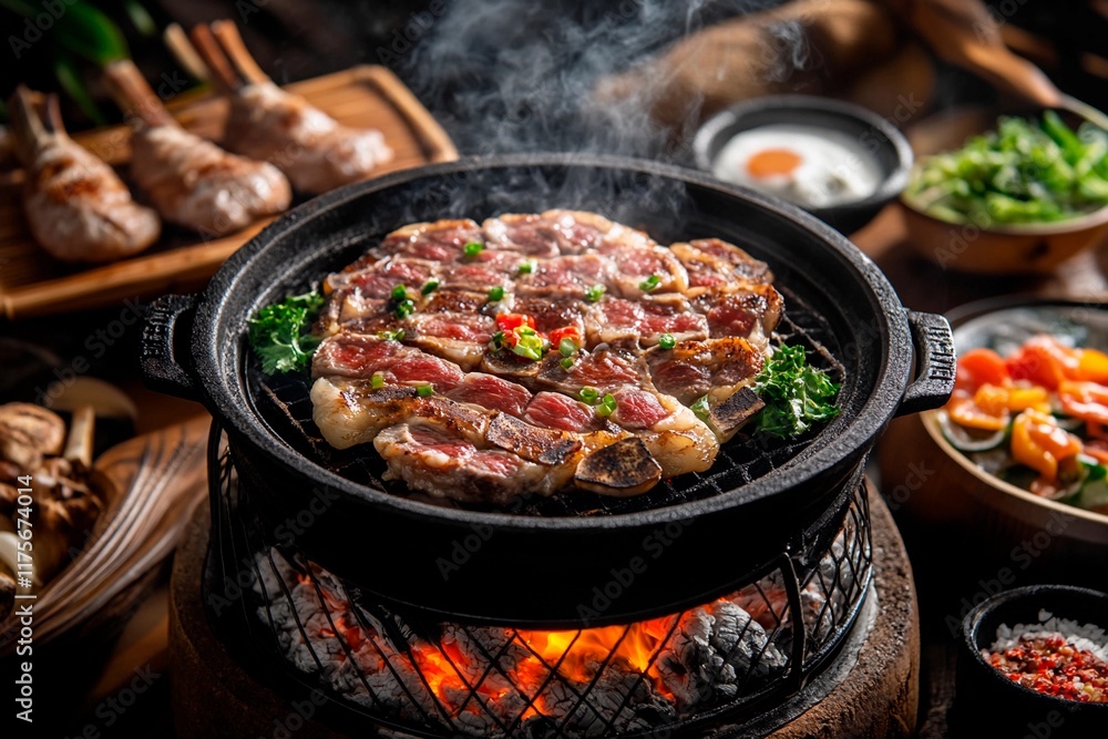 Sizzling barbecue feast with marinated meat and colorful vegetables in a cozy setting Sizzling barbecue feast with marinated meat and colorful vegetables in a cozy setting