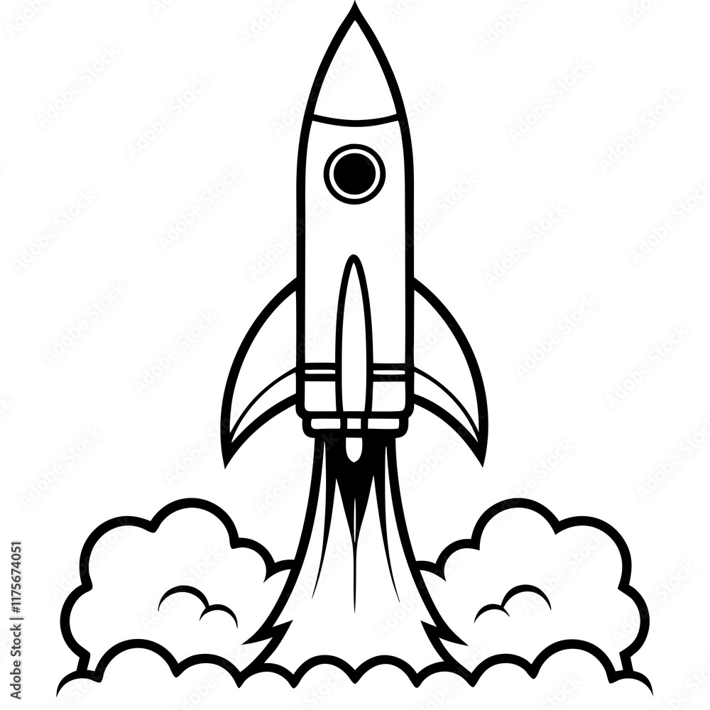 Rocket Launch Line Art Vector Illustration
