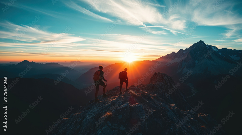 Two hikers, viewed from above, reach a mountain Two hikers, viewed from above, reach a mountain
