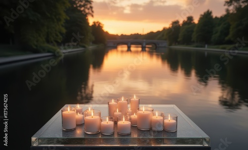 Serene sunset with candles by the water photo