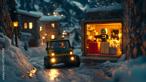 Wallpaper Mural Robot delivering gifts in snowy village at night. Torontodigital.ca