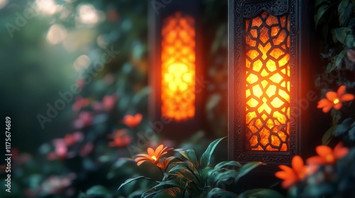 Glowing lanterns amidst lush foliage at dusk. photo