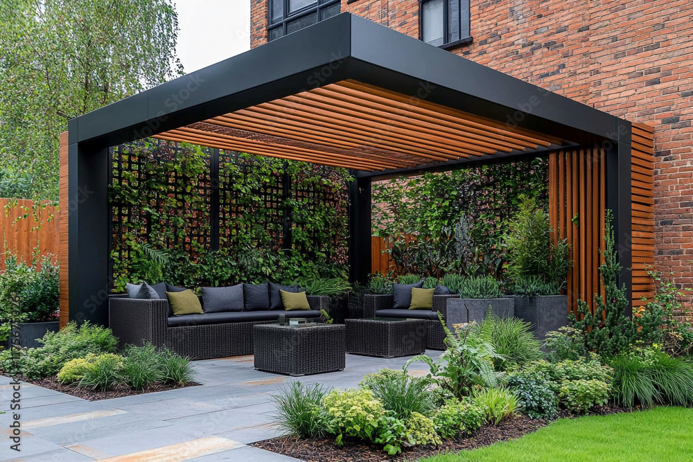 Obraz premium Modern Outdoor Patio With Wooden Pergola And Lush Greenery
