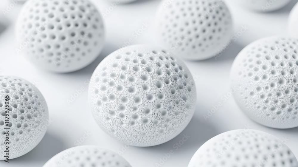Close-up View of White Textured Spheres with Holes on a Light Background Close-up View of White Textured Spheres with Holes on a Light Background