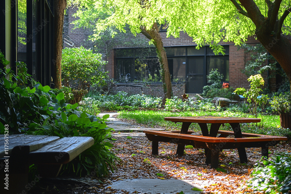 Obraz premium Wooden Picnic Table In A Lush Courtyard Garden