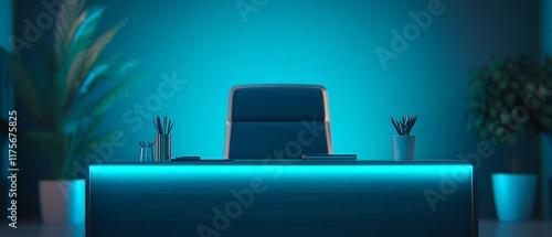 A modern office desk with glowing edges, featuring plants and stationery