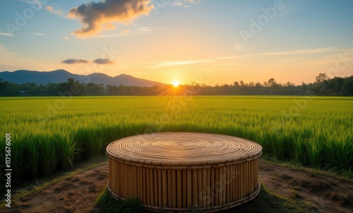 Bamboo platform in serene rice fields at sunset