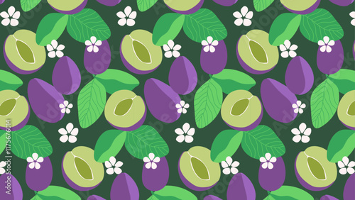 Seamless pattern with plums and leaves on a dark green background