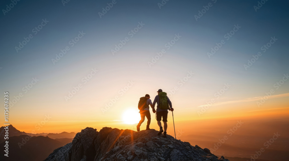 Two hikers, viewed from above, reach a mountain Two hikers, viewed from above, reach a mountain
