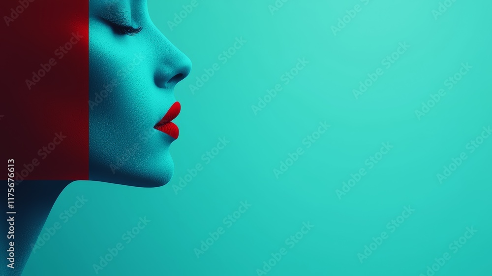 Profile of a Woman with Bold Red Lips Against a Vibrant Aqua Background Profile of a Woman with Bold Red Lips Against a Vibrant Aqua Background