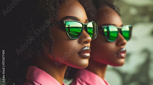 Group of women in pink jackets and green eyeglasses. Alpha Kappa Alpha Day parade. Sisterhood, empowerment celebration and cultural traditions. African American Sorority legacy and community spirit