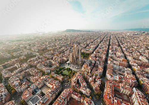 Aerial view of Barcelona and Sagrada Familia Basilica at sunrise. Catalonia, Spain