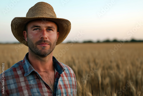 Portrait of a hardworking farmer standing in a golden wheat field at sunset, wearing a straw hat and plaid shirt, looking proudly at the horizon.