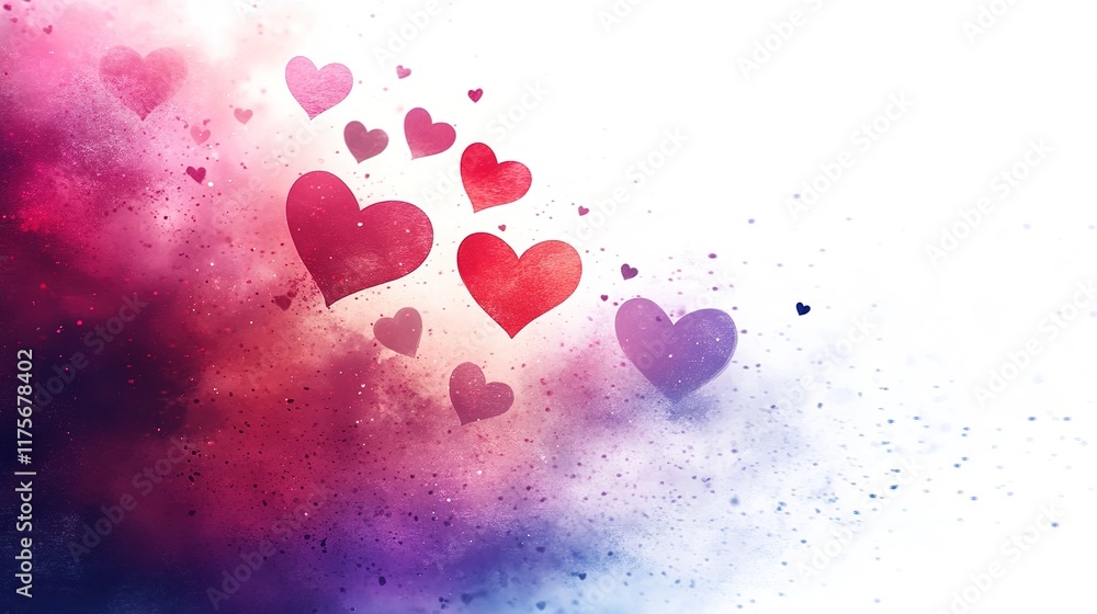A pure white background filled with vibrant, colorful small hearts in shades of pink, red, purple, and blue, scattered randomly to create a playful and romantic atmosphere. A pure white background filled with vibrant, colorful small hearts in shades of pink, red, purple, and blue, scattered randomly to create a playful and romantic atmosphere.