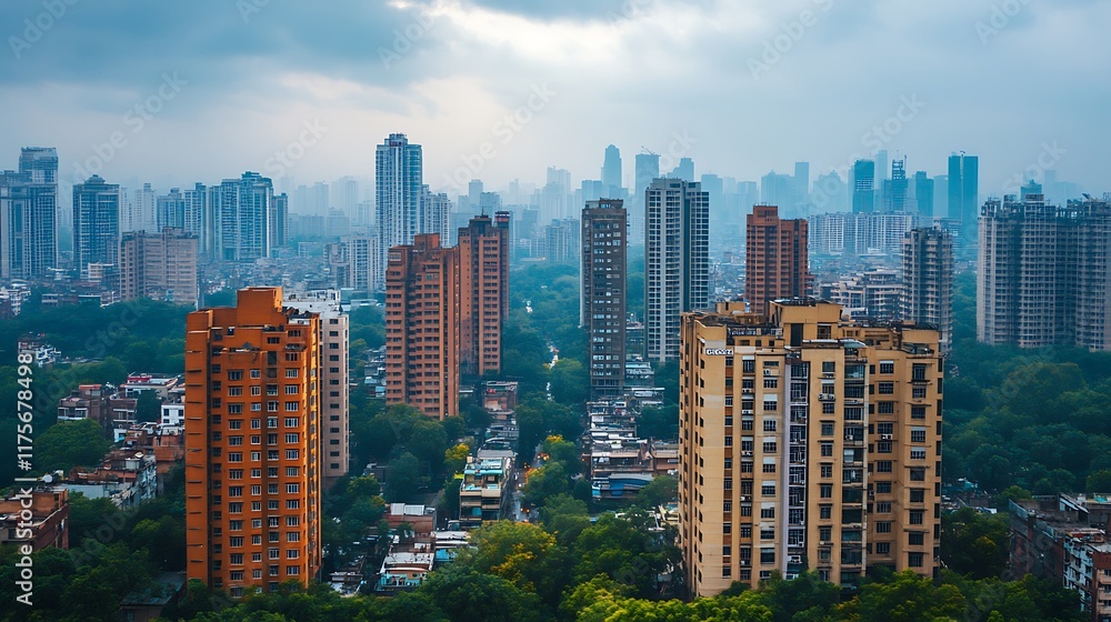 Obraz premium Urban skyline overview cityscape aerial view cloudy weather