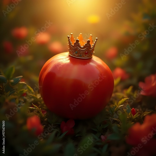 A red pomegranate with a golden crown sits in the foreground against a blurred backdrop of foliage and flowers, creating a whimsical and enchanting atmosphere. photo