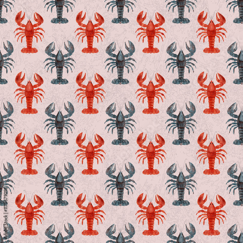 Pattern with  hand drawn watercolor red and blue lobsters. Endless texture on textured pink background.