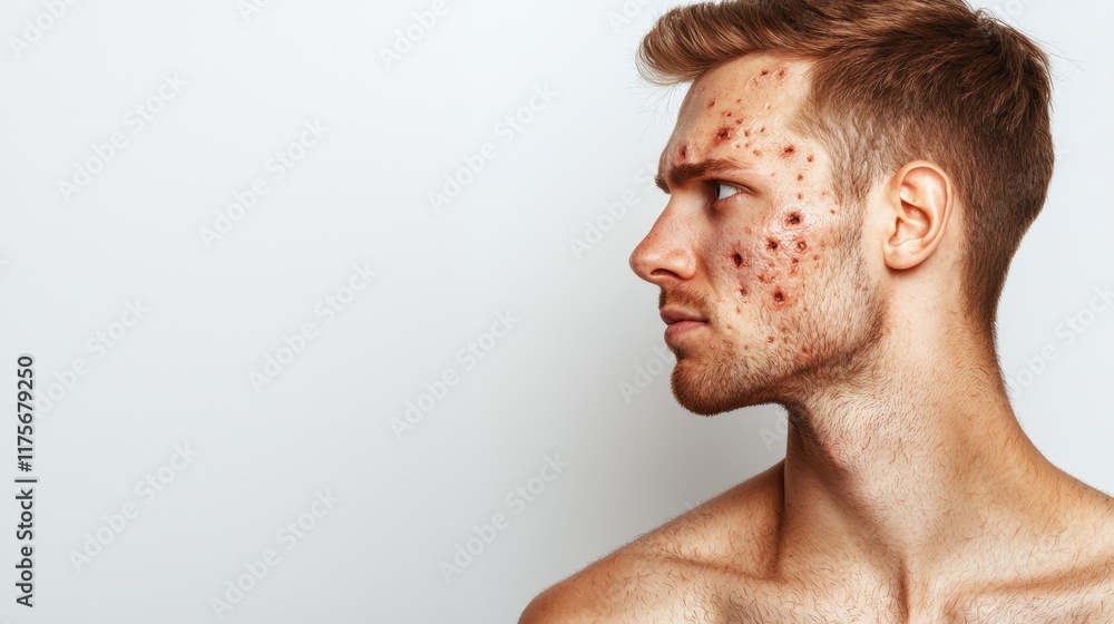 Fototapeta premium Young Man with Cystic Acne Facing Left Against Plain Background for Health and Wellness Use