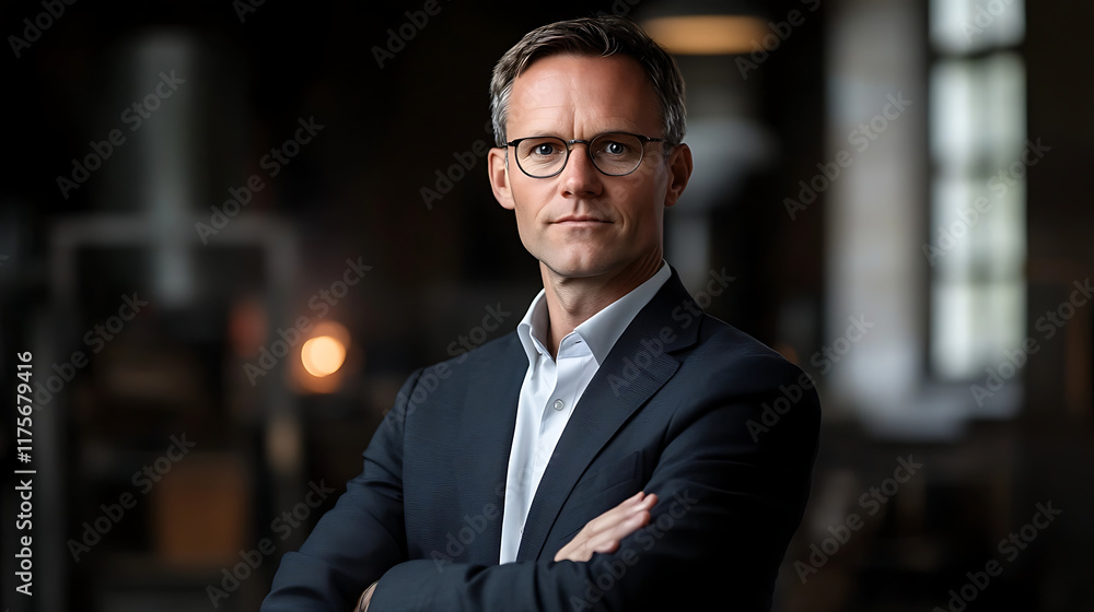 Confident businessman in formal attire posing with crossed arms in modern office Confident businessman in formal attire posing with crossed arms in modern office