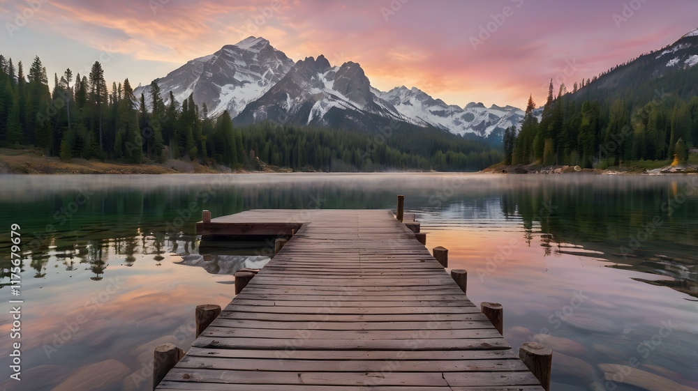 Obraz premium Serene Sunrise Lake Mountain Reflections Wooden Dock