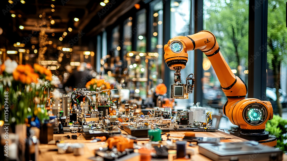 Fototapeta premium Orange robotic arm on table with electronics in modern cafe.