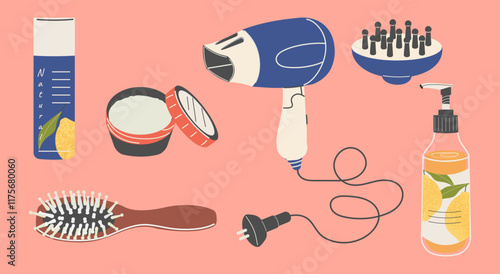 A set for washing and styling hair at home: hair dryer, comb, shampoo, conditioner, gel. Flat vector illustration.