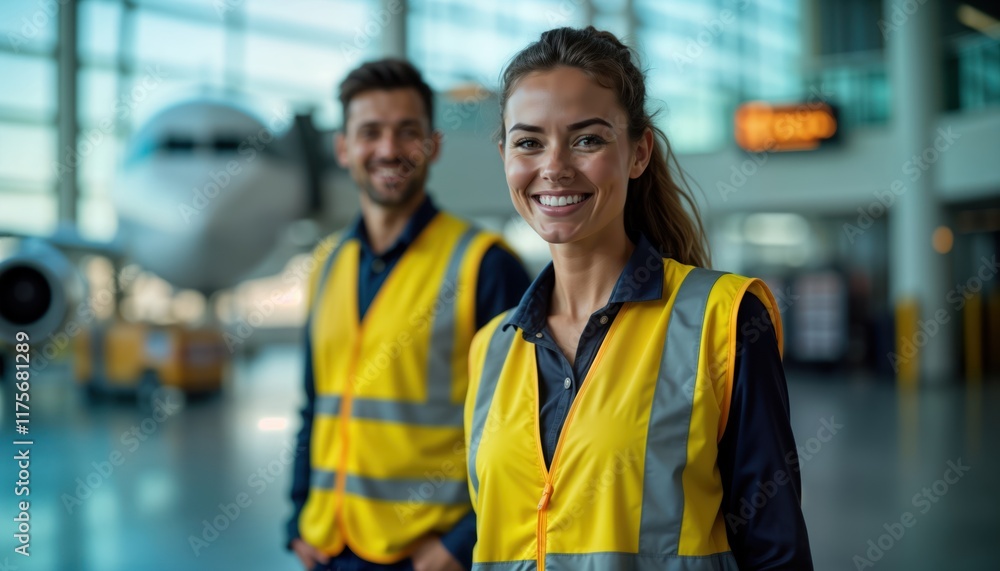 Naklejka premium Airport staff in bright yellow vests stand ready for duty. Friendly faces, focused expressions suggest teamwork, commitment to safe work environment. Aircraft visible in background. Operational