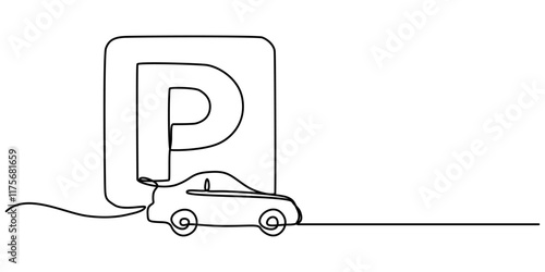 parking continuous line one drawing pro vector illustration, Parking icon one line vector. Drawing of a car parking sign contour black line vector. Outline parking line vector. Vector illustration.   