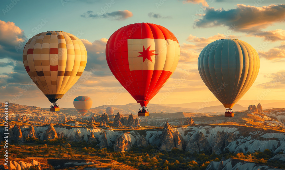 Fototapeta premium Three hot air balloons are flying over a mountain range. The balloons are red, blue, and white