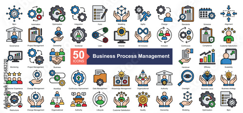 Business Process Management Icon Collection Set.Containing Bpm, Automation, Optimization, Integration, Form, Modeling, Agility, Change, Standards icon. Simple lineal style Vector