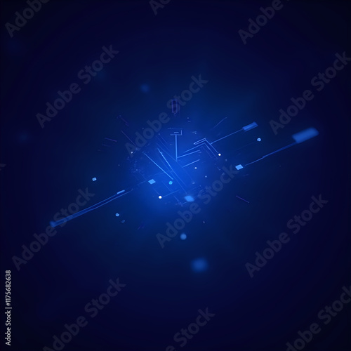 The image showcases a digital art piece with an abstract blue color scheme, featuring various glowing lines and shapes scattered against a dark background.