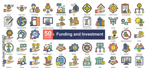 Funding and Investment Icon Collection Set.Containing venture, angel investor, private equity, crowdfunding, debt, hedge funds icon. Simple lineal style Vector Illustration.	