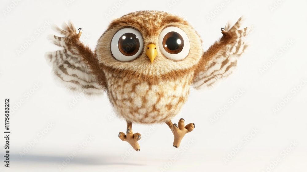 Obraz premium Cute cartoon owl with large eyes joyfully leaping.