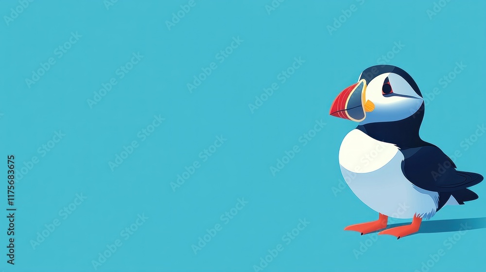 Fototapeta premium Cute puffin bird illustration on blue background.