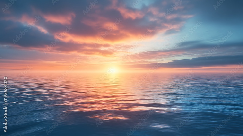 Fototapeta premium Serene Sunset Over Calm Ocean Waters Reflecting Sky Colors