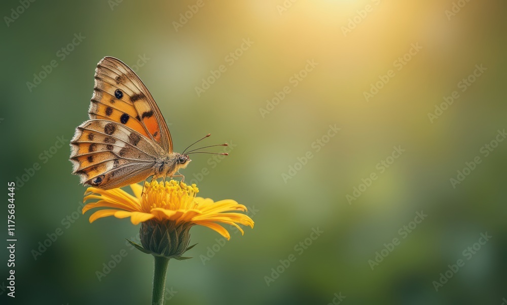 Orange butterfly perched on yellow flower Orange butterfly perched on yellow flower