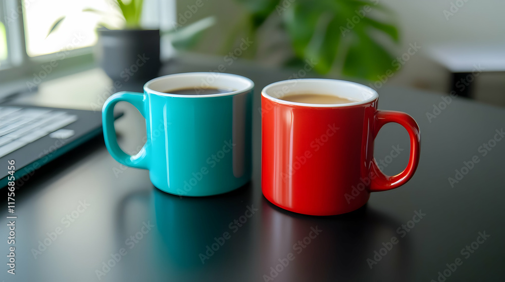Two vibrant mugs filled with coffee sit on a dark wooden table in a bright workspace Two vibrant mugs filled with coffee sit on a dark wooden table in a bright workspace