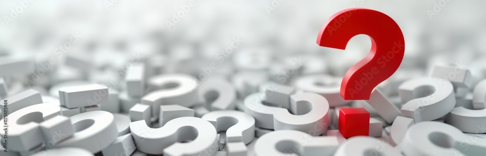 Red question mark stands out among many white question marks. FAQ concept. Illustration shows confusion, search for answers. Problem solving, support idea. 3D illustration of question marks on white