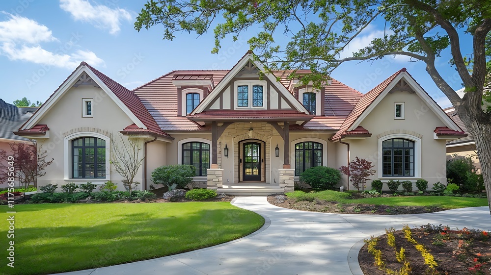 Charming Suburban Home with Red Shingle Roof and Stone-Stucco Exterior Surrounded by Vibrant Landscaping Charming Suburban Home with Red Shingle Roof and Stone-Stucco Exterior Surrounded by Vibrant Landscaping