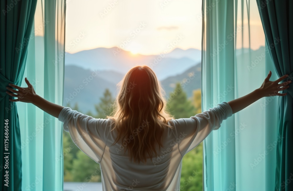 Obraz premium Woman opens curtains in bedroom at sunrise. Looks at mountain view. Relaxing moment in home. Peaceful morning scene. Early day activity in accommodation. Enjoy nature view from window. Morning light