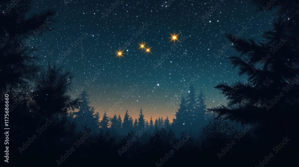 Naklejka premium Enchanting starry night sky with glittering stars shining over a serene tranquil forest landscape featuring silhouetted trees against the dark mysterious backdrop A captivating